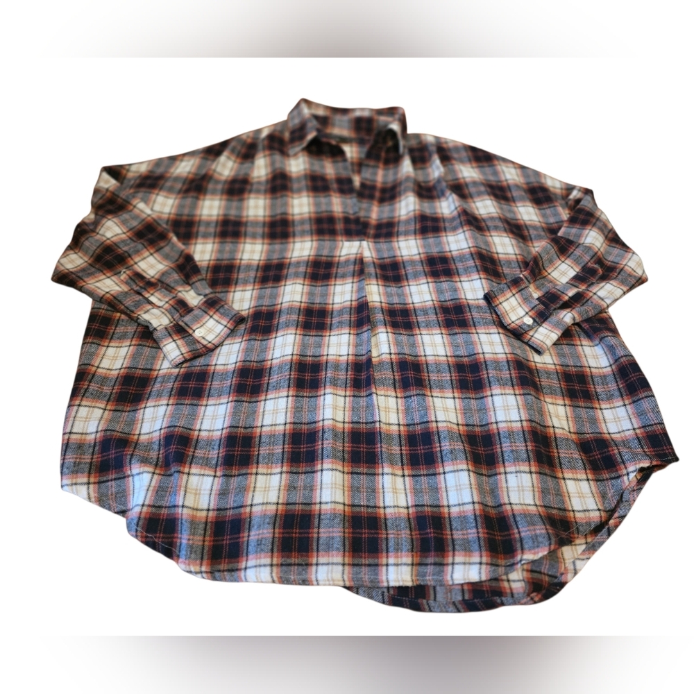 French Connection Plaid Soft Cozy Flannel V-Neck Oversized Shirt EUC Size M